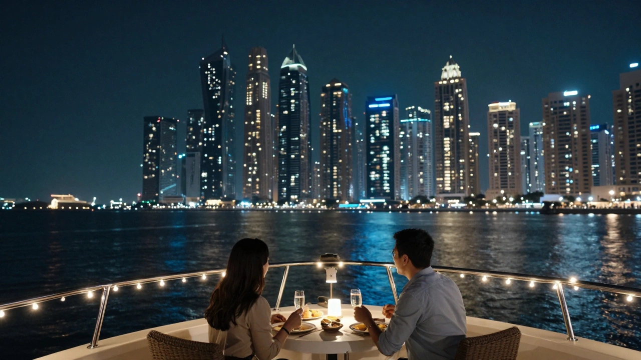 A couple on a quiet dinner cruise under string lights, Dubai skyline glowing in the distance.