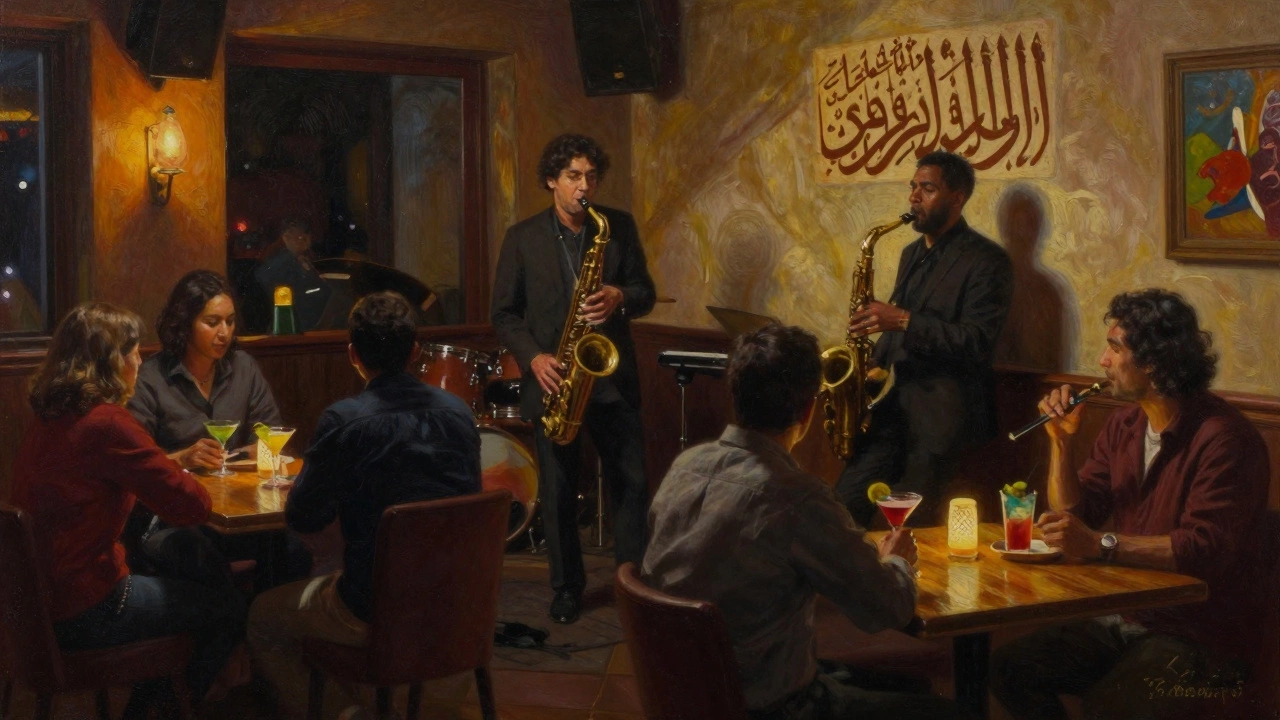A cozy jazz club with live music and patrons relaxing in warm, dim lighting.