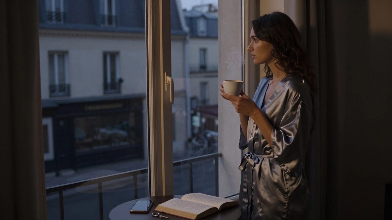 A woman standing by a window in a silk robe, holding coffee in a discreet Paris apartment.