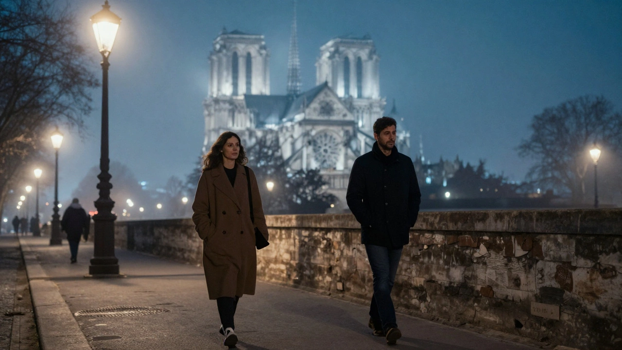 Two figures walking silently along the Seine at night under soft bridge lights.